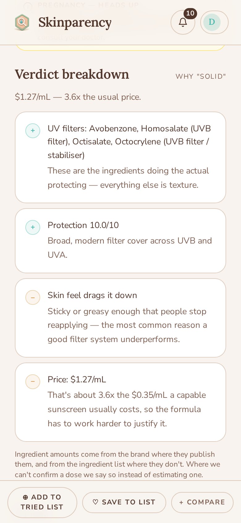 A product verdict with its rating breakdown